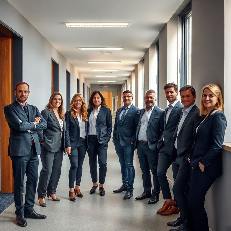 Echipa de opt consultanți Mare Grup într-un coridor modern de birou din Timișoara