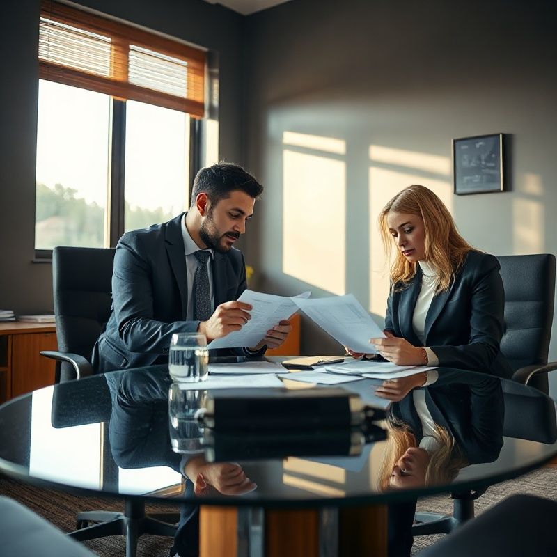 Doi consultanți Mare Grup analizează documente financiare într-o sală de ședințe modernă